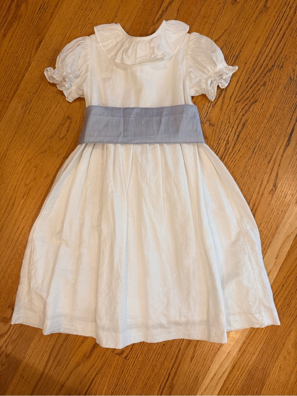LA COQUETA White Vega Long Ceremony Girl’s Dress w/ Light Blue Sash - Size 10Y